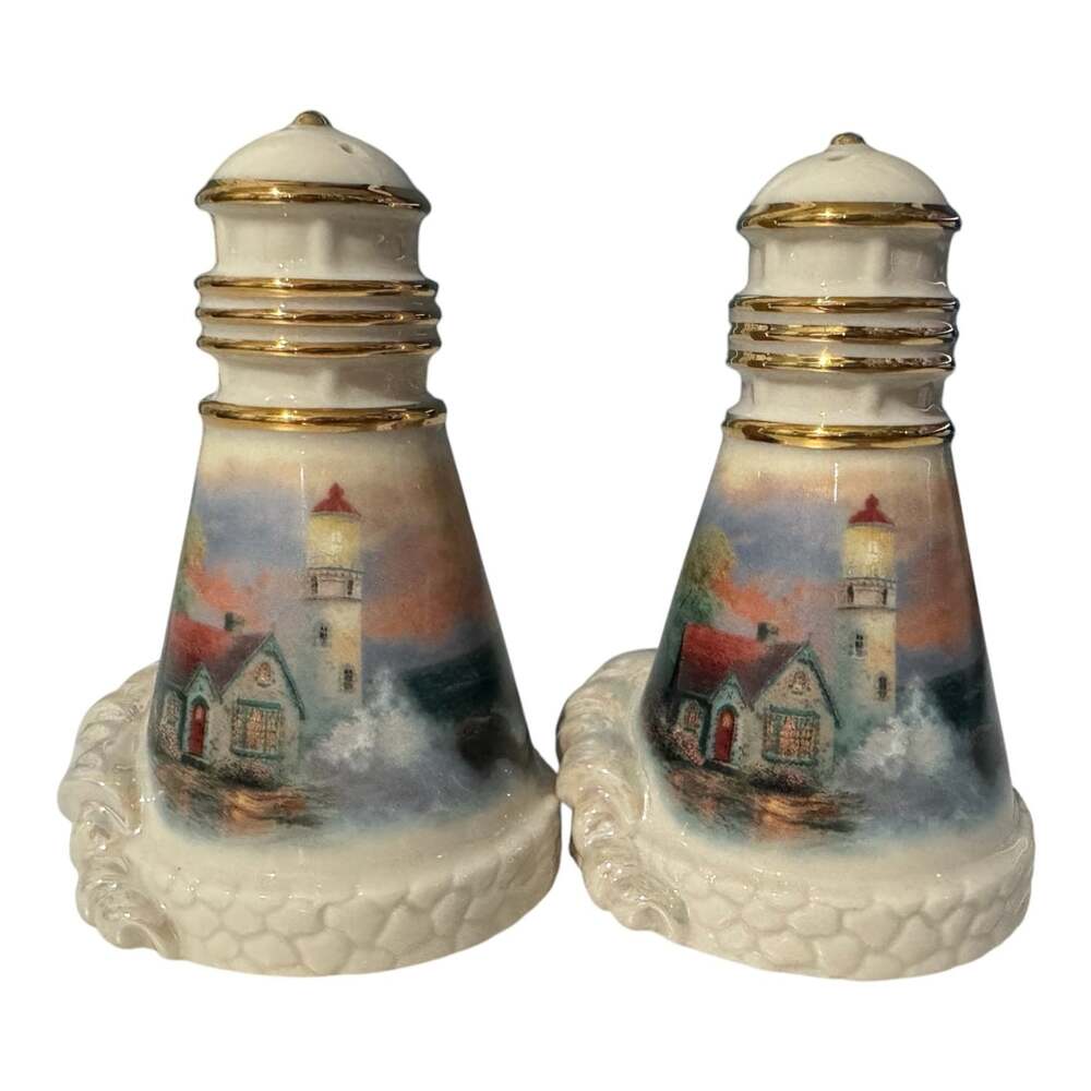 Lenox Thomas Kinkade Lighthouse Salt Pepper Shakers 2002 24K Gold Porcelain